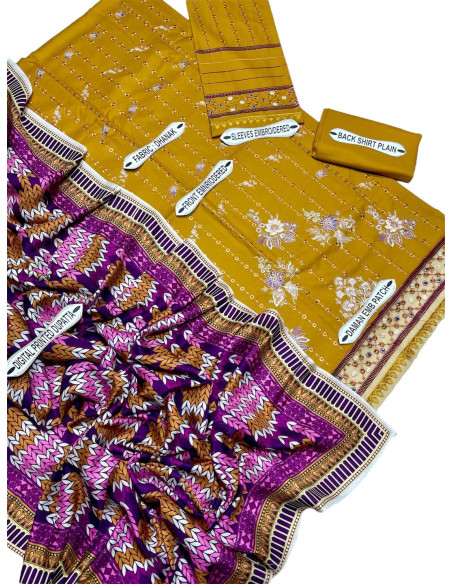 Stunning Mustard 3 Pcs Women's Unstitched Embroidered Suit