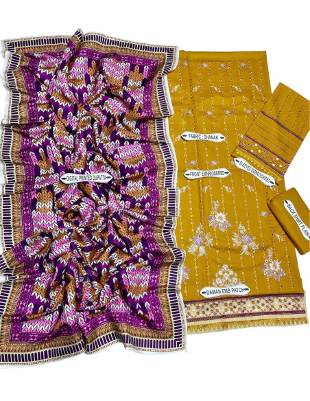 Stunning Mustard 3 Pcs Women's Unstitched Embroidered Suit