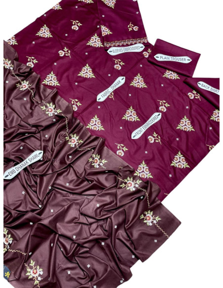 Elegant Maroon Dhanak Suit with Embroidered Dupatta - 3 Pcs