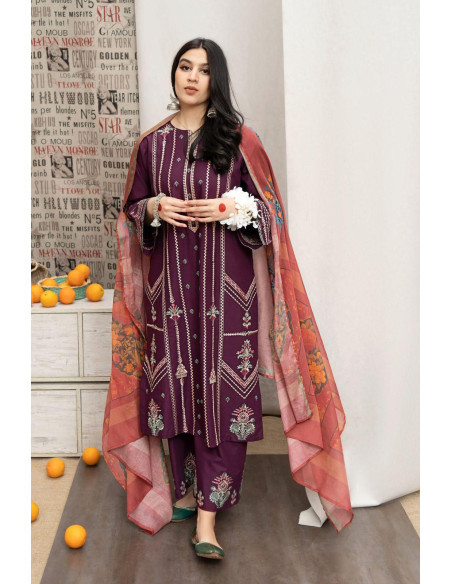 Beige Embroidered 3 Pcs Suit Set - Dhanak Fabric with Digital Print Dupatta