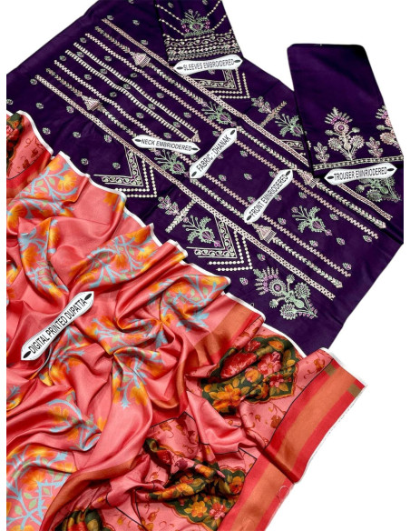 Beige Embroidered 3 Pcs Suit Set - Dhanak Fabric with Digital Print Dupatta