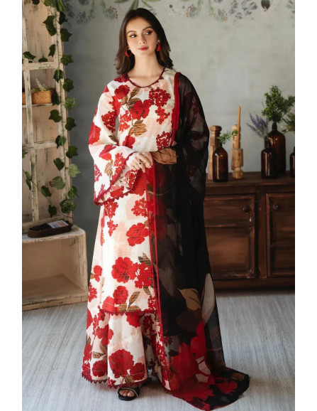 Stylish Red Digital Print Suit - 3 Pcs 