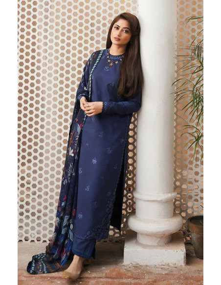 Stylish Blue 3 PCs Ladies Embroidered suit 