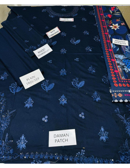 Stylish Blue 3 PCs Ladies Embroidered suit 