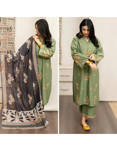 Stylish Green embroidered suit - 3Pcs