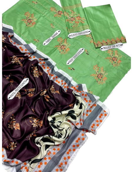 Stylish Green embroidered suit - 3Pcs