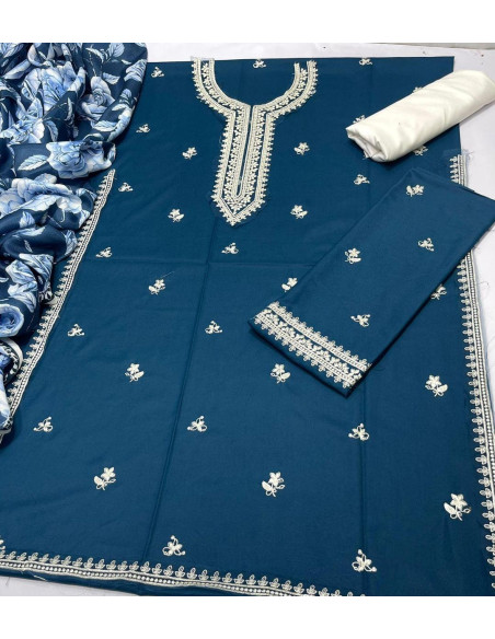Stylish Blue embroidered suit - 3Pcs