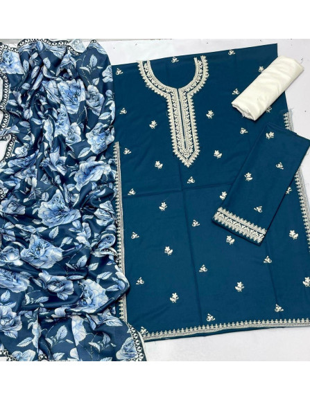 Stylish Blue embroidered suit - 3Pcs