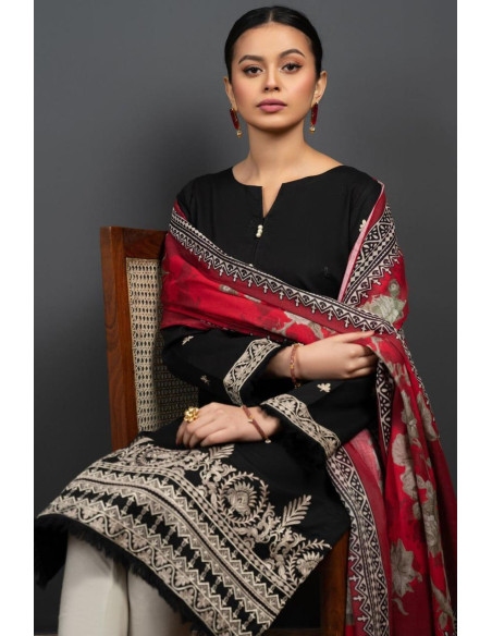 Stylish Black embroidered suit - 3Pcs