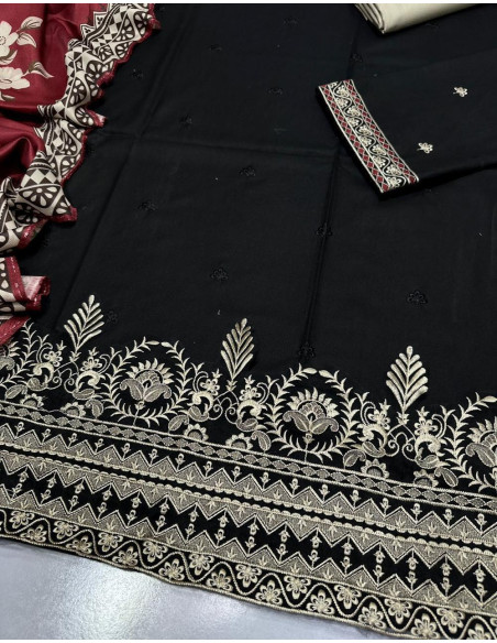 Stylish Black embroidered suit - 3Pcs