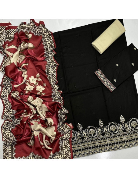 Stylish Black embroidered suit - 3Pcs