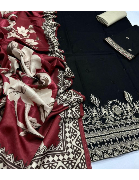 Stylish Black embroidered suit - 3Pcs