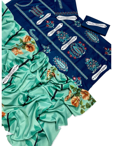 Stylish Blue embroidered suit - 3Pcs