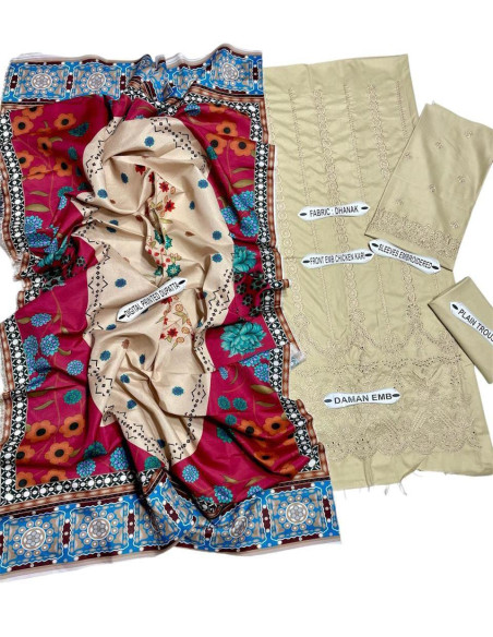 3 pcs woman unstitched Dhanak Embroidered suit  