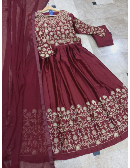 Shamoz Silk Maxi Suit - 3 Pcs Embroidered Set