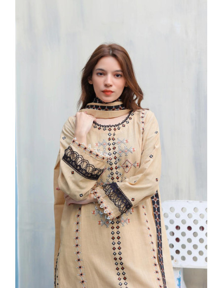 Embroidered Cotton Suit - 3 Pcs Women's Stitched Set in Beige