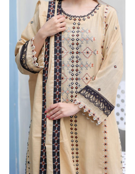 Embroidered Cotton Suit - 3 Pcs Women's Stitched Set in Beige