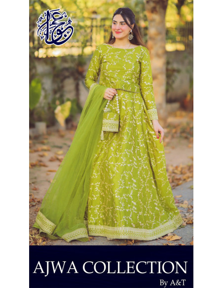 4 Piece Front Embroidered Top With Long Flare Embroidery Skirt And Four Side Border Embroidered Dupatta With Eidi Potli 