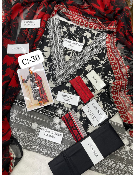 3PEC UNSTICHED BLACK WITH RED DUPATTA | WHITE FLOWER |