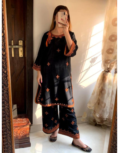 2pcs women's stitched linen embroidered shirt and trouser