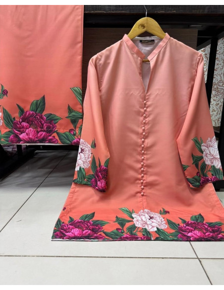 Stylish peach printed co-ord set-2pcs women's stitched shamoz silk