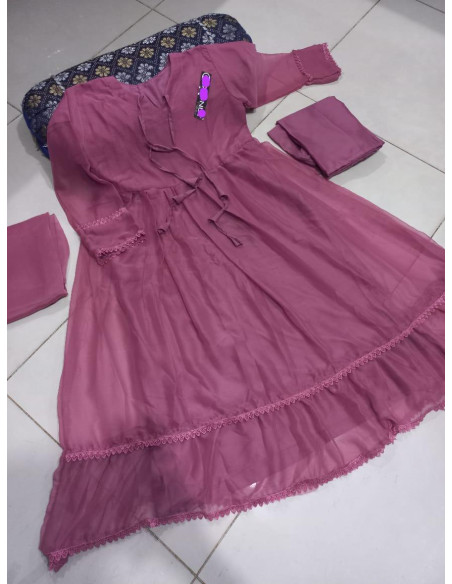 Elegant pink chiffon maxi suit set-3pcs