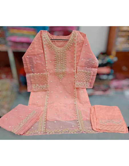 Embroidered organza women's suit set-3pcs in peach