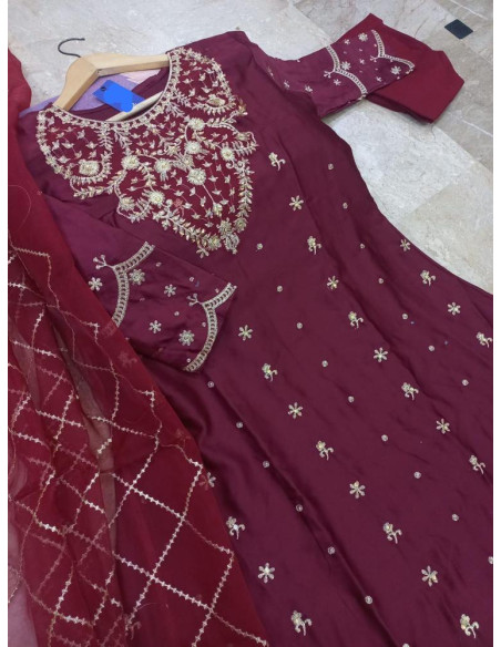 3pcs women's stitched shamoz silk embroidered maxi 