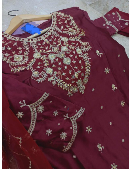 3pcs women's stitched shamoz silk embroidered maxi 