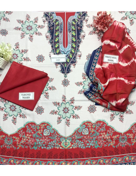 3 Pcs Women's Unstitched Khaddar Printed suit