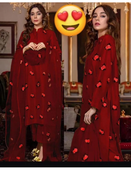 3 Pcs Women's Stitched Silk Embroidered Suit