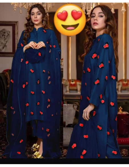 3 Pcs Women's Stitched Silk Embroidered Suit