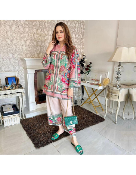 Women's Stitched Khaddar Printed Shirt and Trouser Set - Digital Print Design