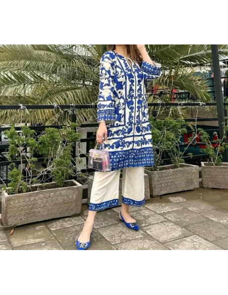 Stylish Women's Stitched Printed Khaddar Shirt and Trouser Set - 2 Pcs