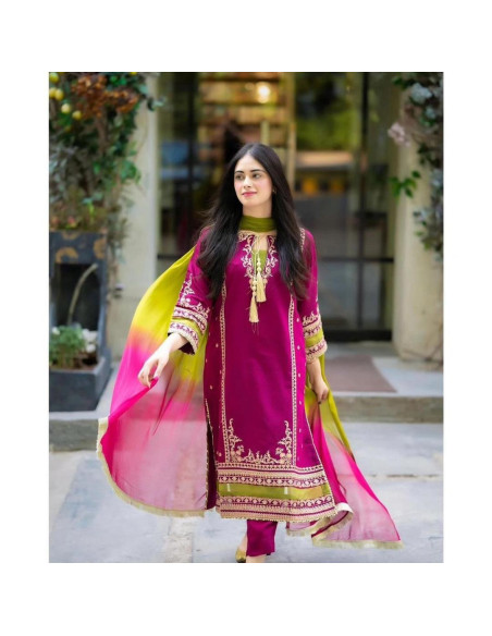 3 Pcs Women's Unstitched Cotton Embroidered Suit 
