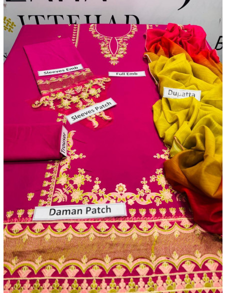 3 Pcs Women's Unstitched Cotton Embroidered Suit 