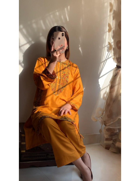 Chic Woman Stitched Embroidered Shirt and Trouser 2 PCS