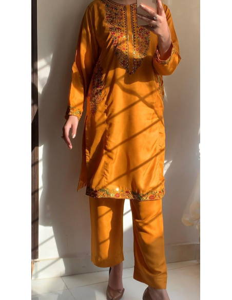 Chic Woman Stitched Embroidered Shirt and Trouser 2 PCS