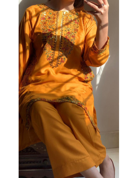 Chic Woman Stitched Embroidered Shirt and Trouser 2 PCS