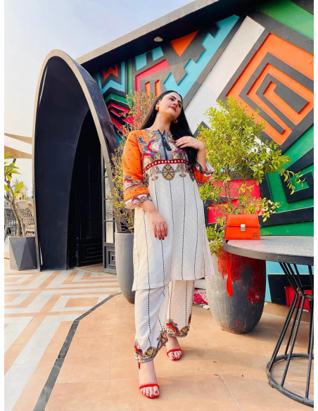 2 Pcs Women's Stitched Swiss Lawn Printed Shirt and trouser 