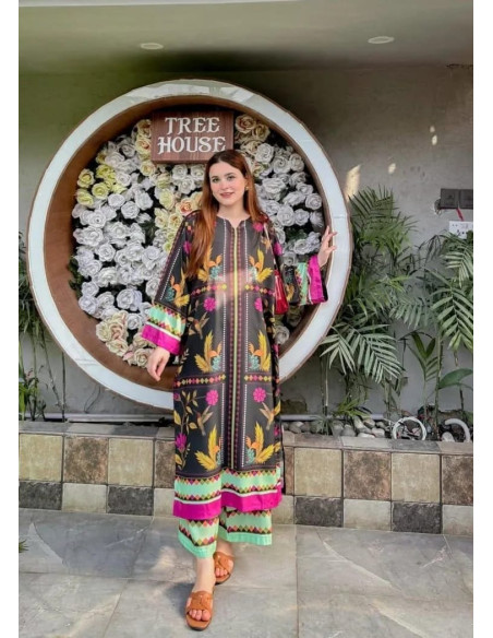 Stylish Women's Stitched Shirt And Trouser Set - Printed Design - 2 Pcs