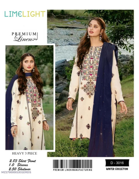 3 Pcs Women's Unstitched Dhanak Embroidered Suit